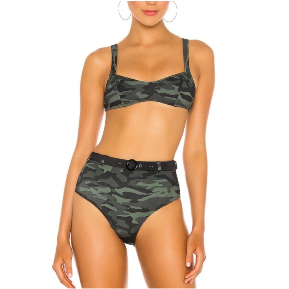 Solid & Striped Cora Bikini Bottoms Large Green Camo Belted High Waisted Swim